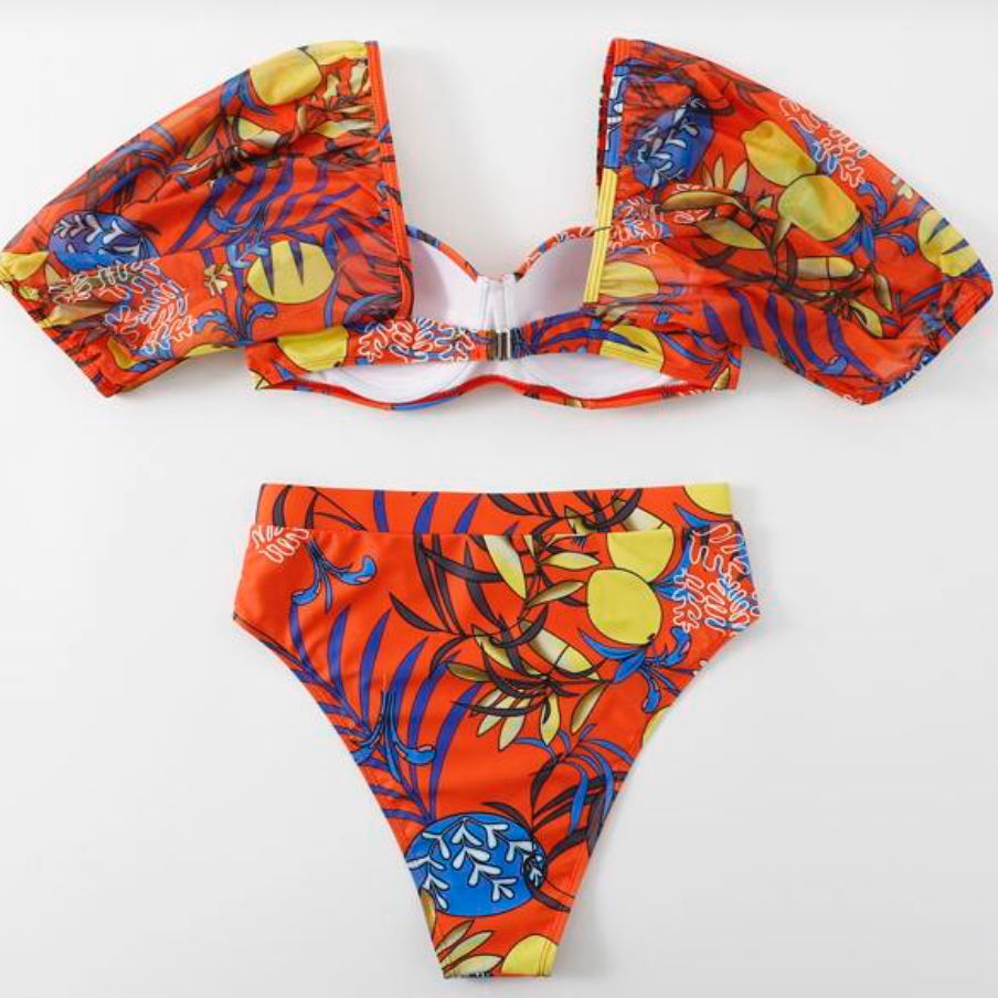 Bikini anaranjado con mangas y cintura alta