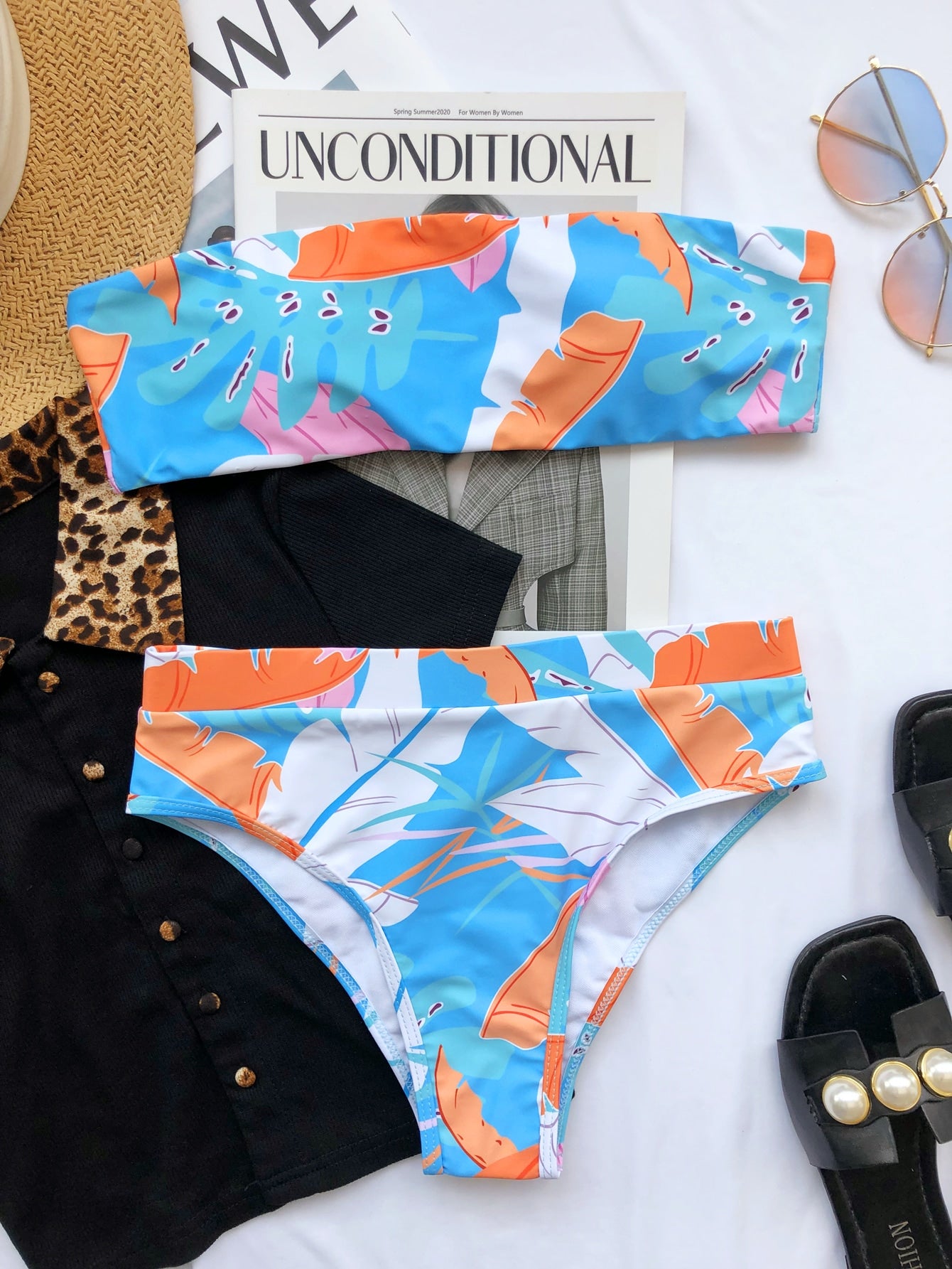 Bikini celeste con anaranjado de cintura alta