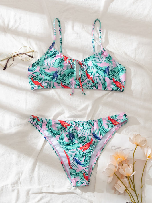 Bikini rosado con estampado tropical