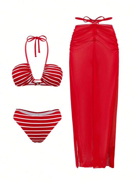 Set de bikini rojo de lineas halter con falda