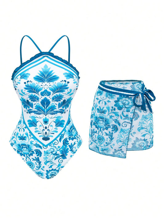 Set de calzoneta halter azul de flor y falda
