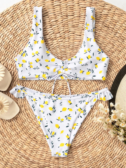 Bikini blanco con estampado de limones