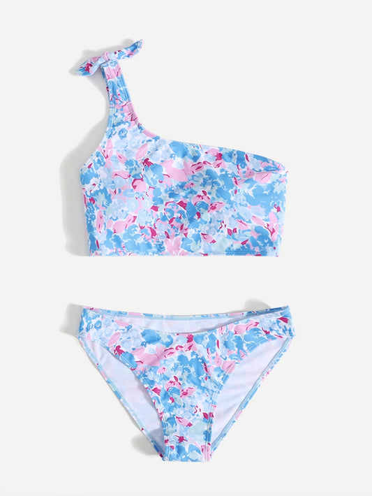 Bikini celeste y rosado con top de un hombro