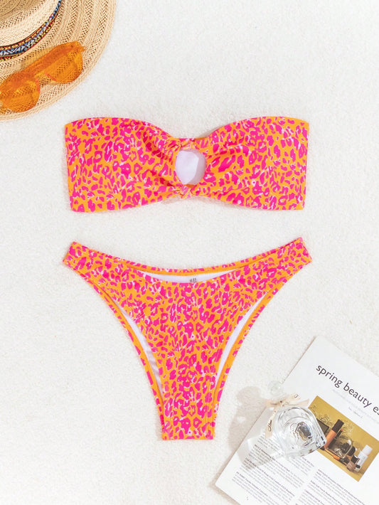Bikini rosado y anaranjado animal print bandeau