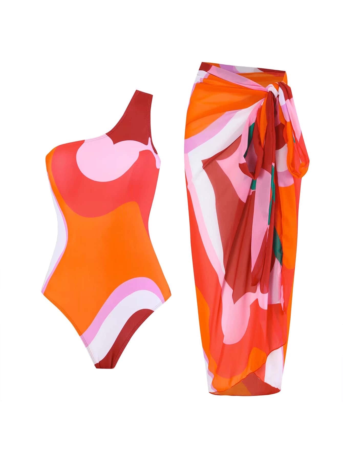Set de calzoneta de un hombro con pareo anaranjado con rojo