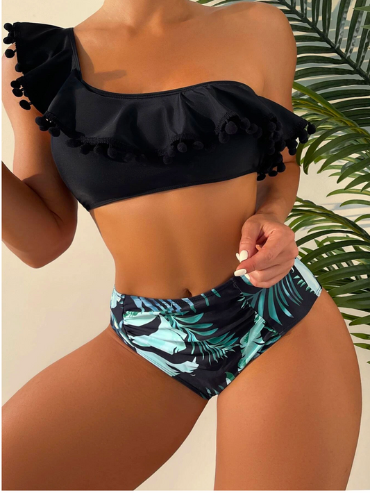 Bikini negro con pompones con palmeras verdes