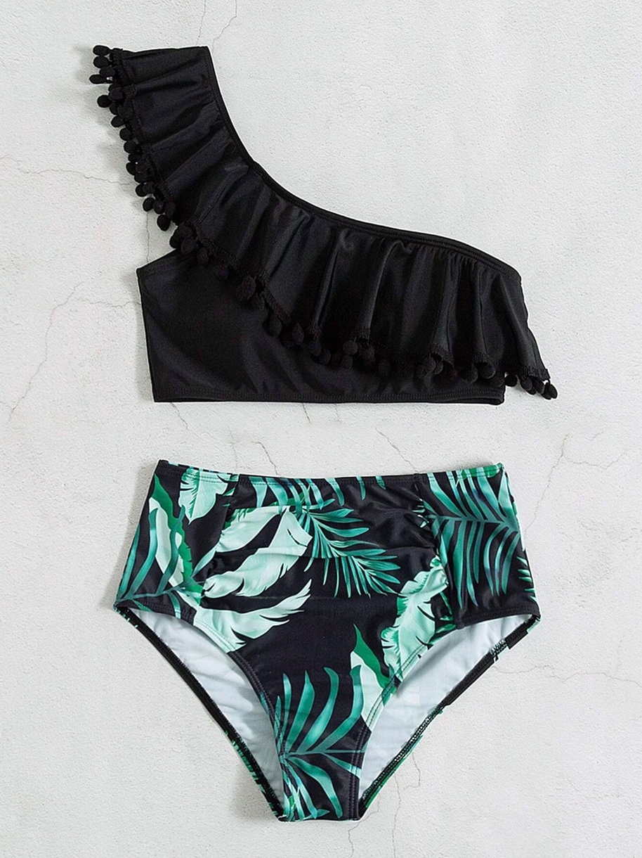 Bikini negro con pompones con palmeras verdes