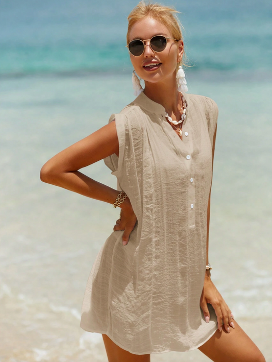 Salida beige tipo camisa sin mangas