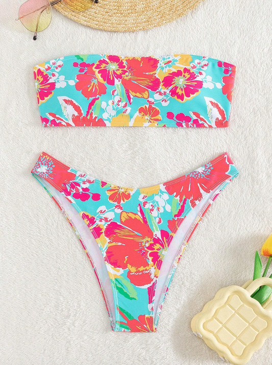 Bikini celeste de flores strapless