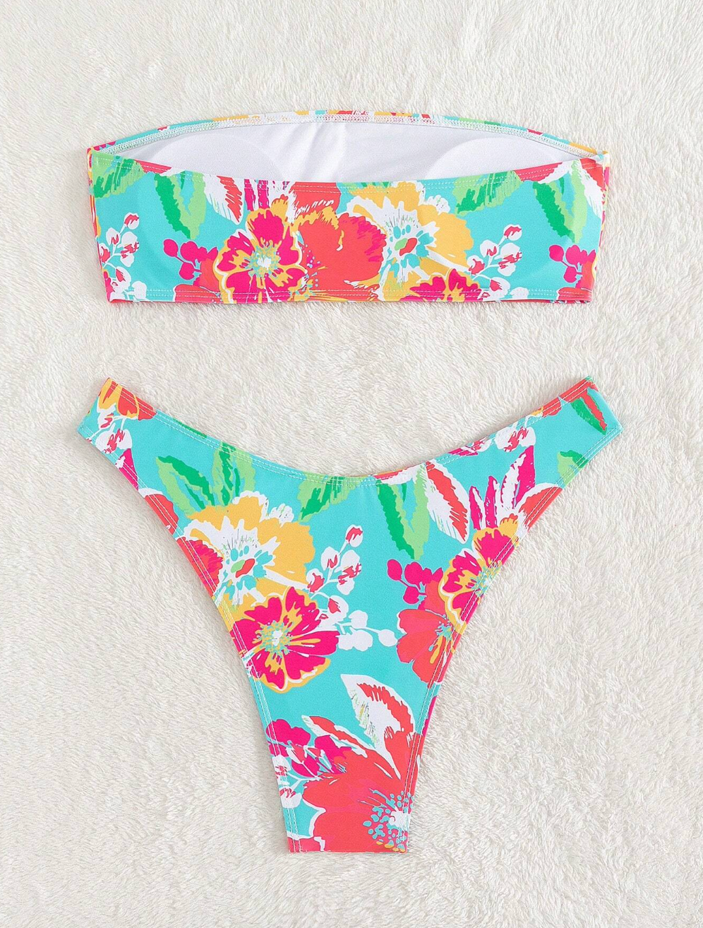 Bikini celeste de flores strapless