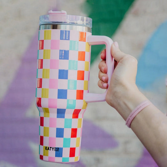 Tumbler rosado de cuadros de colores