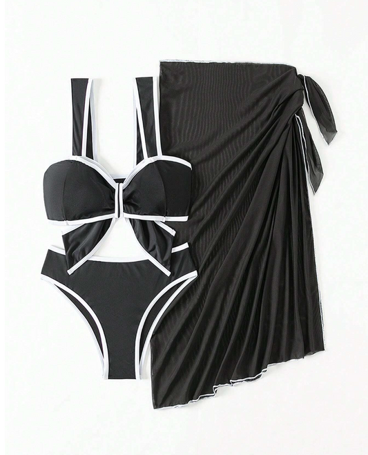 Set de bikini negro mona y orilla blanca con pareo negro