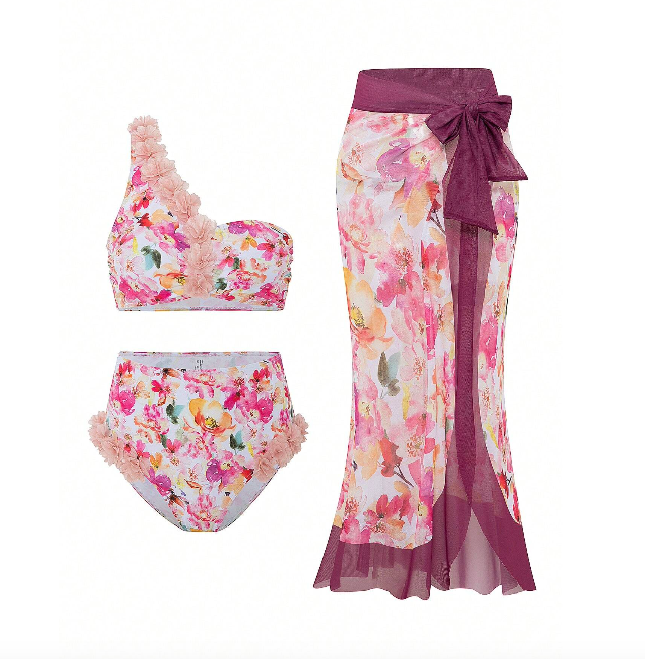 Set de bikini rosado floreado y pareo con orilla corinta