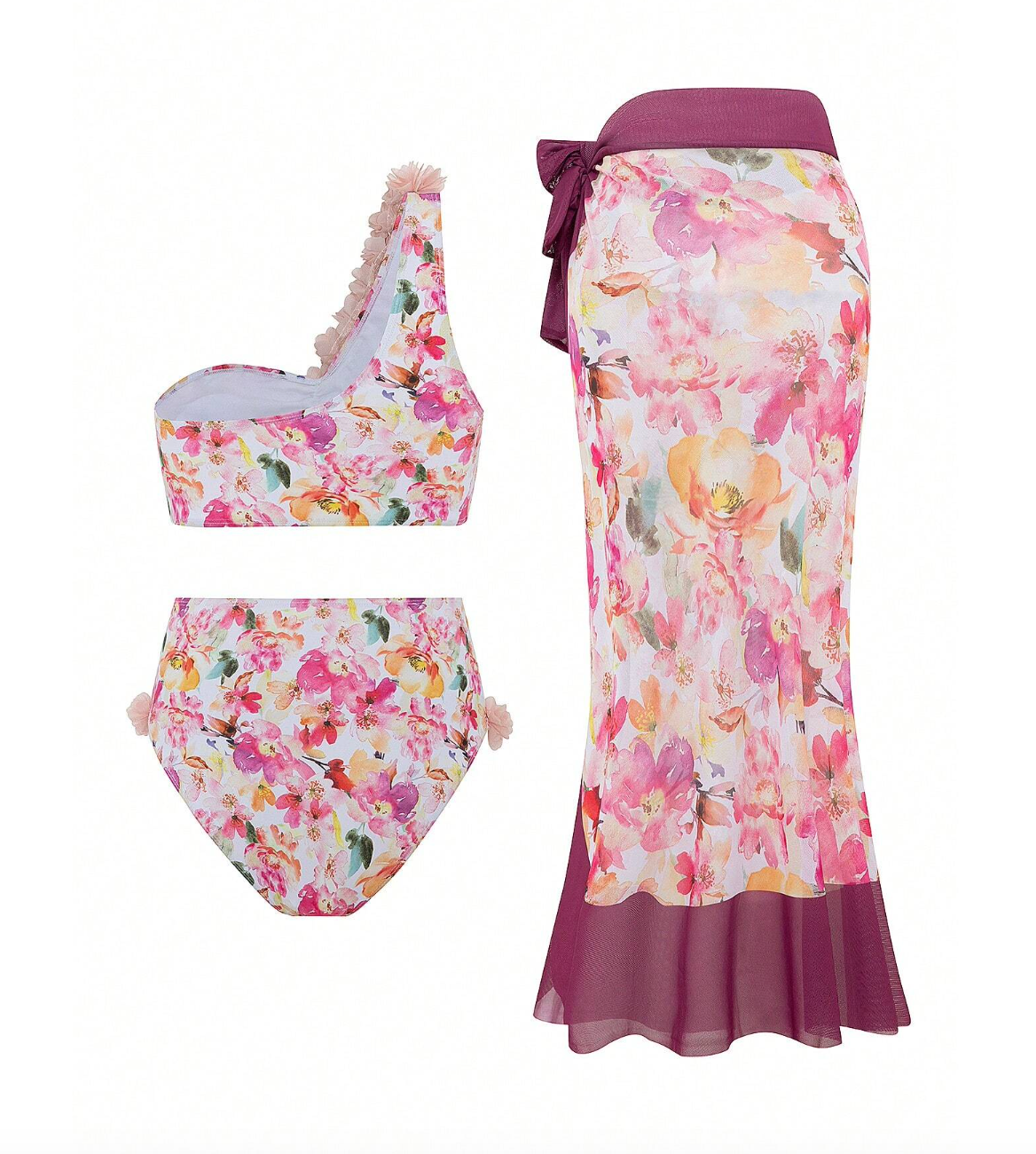Set de bikini rosado floreado y pareo con orilla corinta