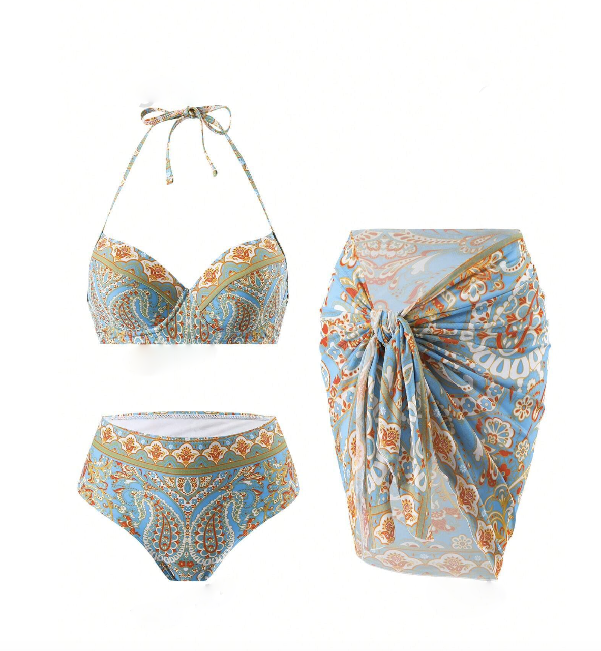 Set de bikini de colores celeste y anaranjado con pareo