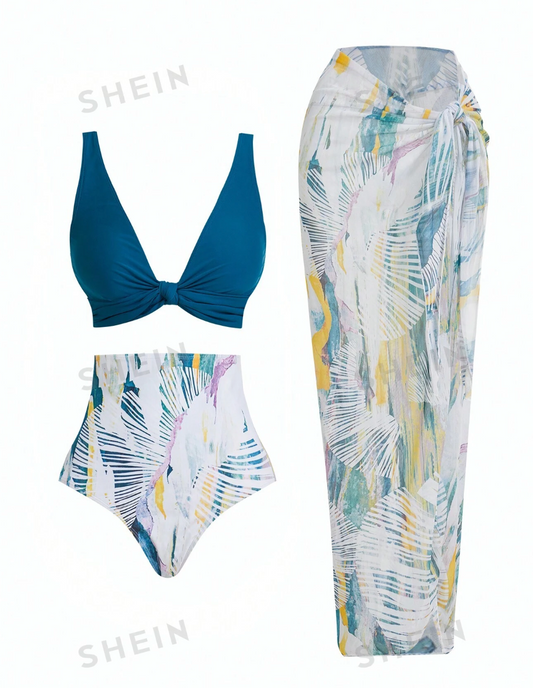 Set de bikini aqua triangular con diseno abstracto de acuarela