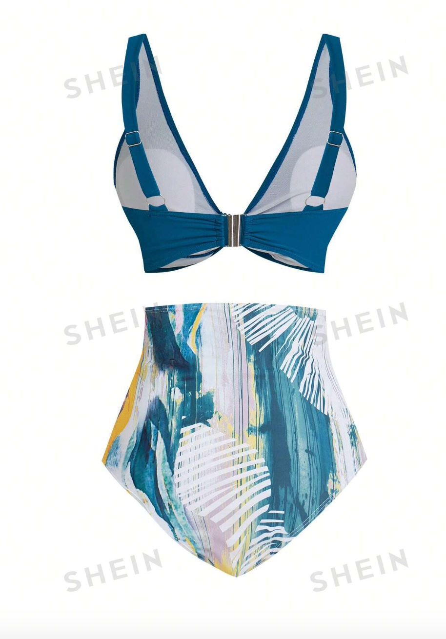 Set de bikini aqua triangular con diseno abstracto de acuarela