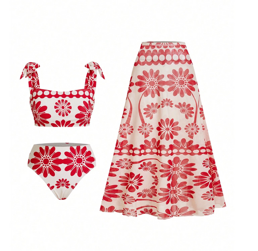 Set de bikini rojo de flores con falda