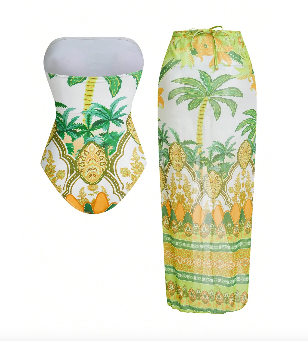 Set de calzoneta verde strapless con pareo de palmeras