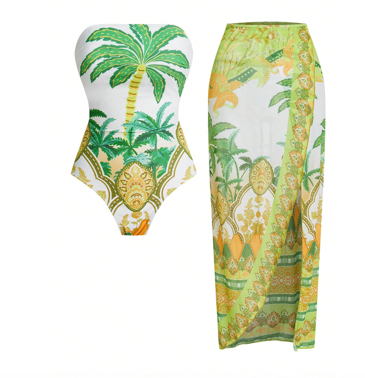 Set de calzoneta verde strapless con pareo de palmeras