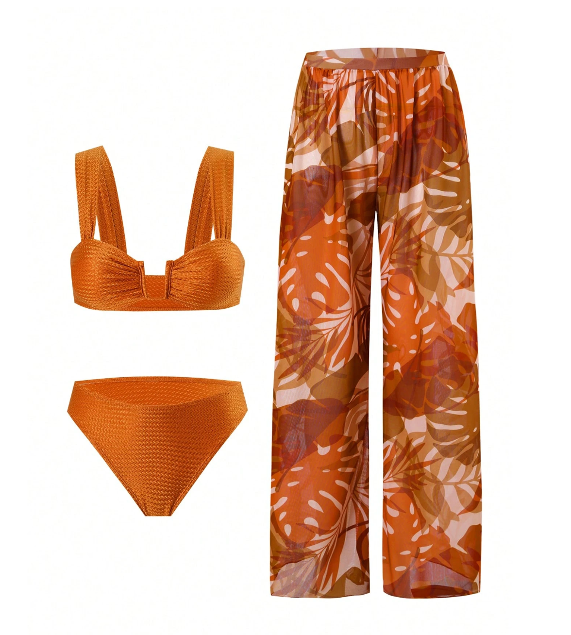 Set de bikini anaranjado con pantalon de hojas