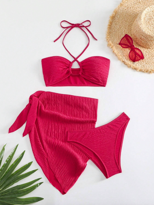 Set de bikini rosado con pareo