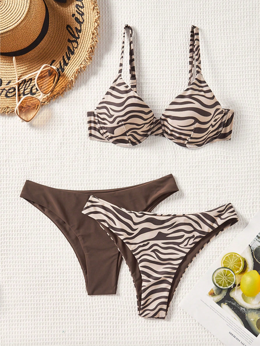 Set de bikini cafe animal print con dos piezas de abajo