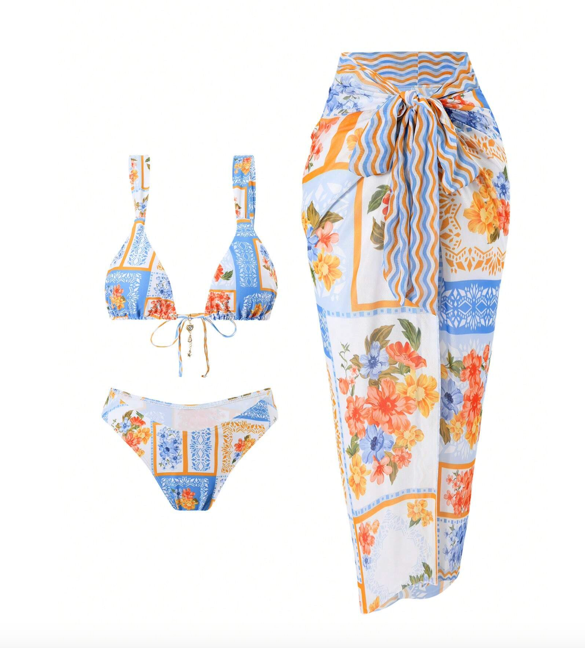 Set de bikini azul y naranja con pareo