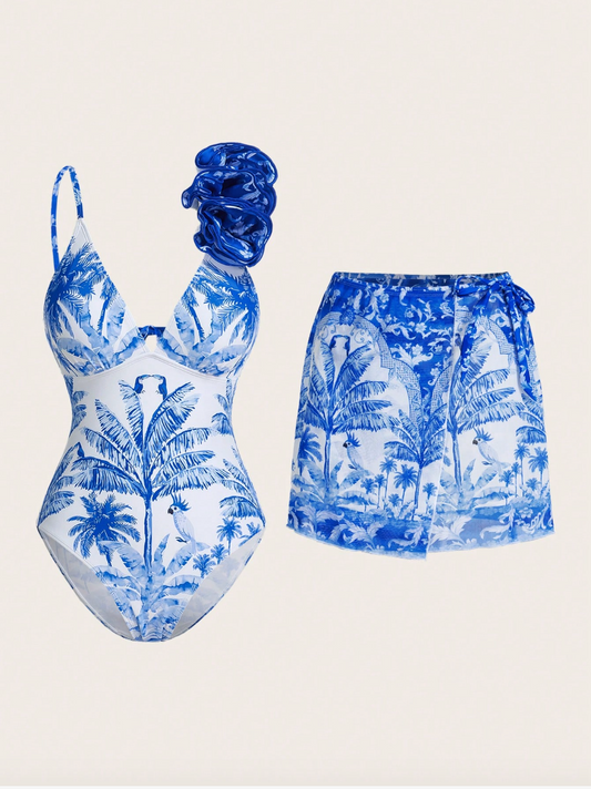 Set de calzoneta azul con flor y falda