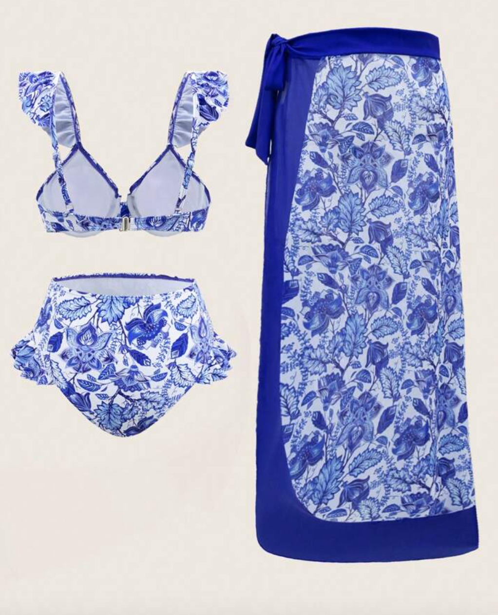 Set de bikini azul de vuelos con pareo