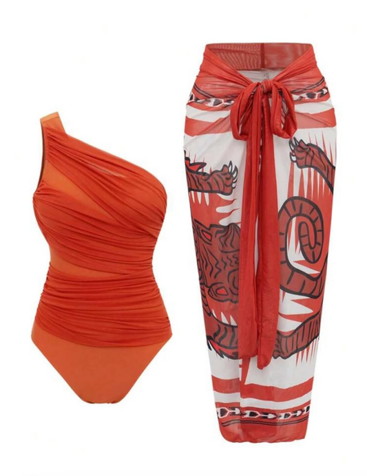 Set de calzoneta anaranjada de un hombro con pareo