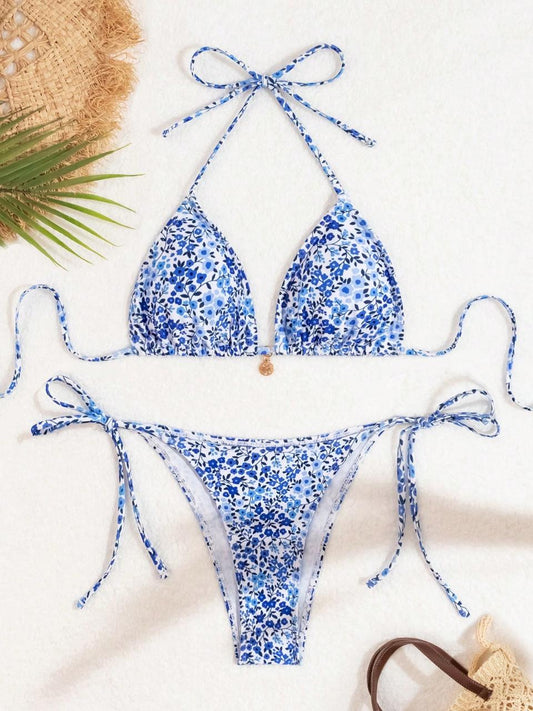 Bikini celeste de mini flores de triangulo
