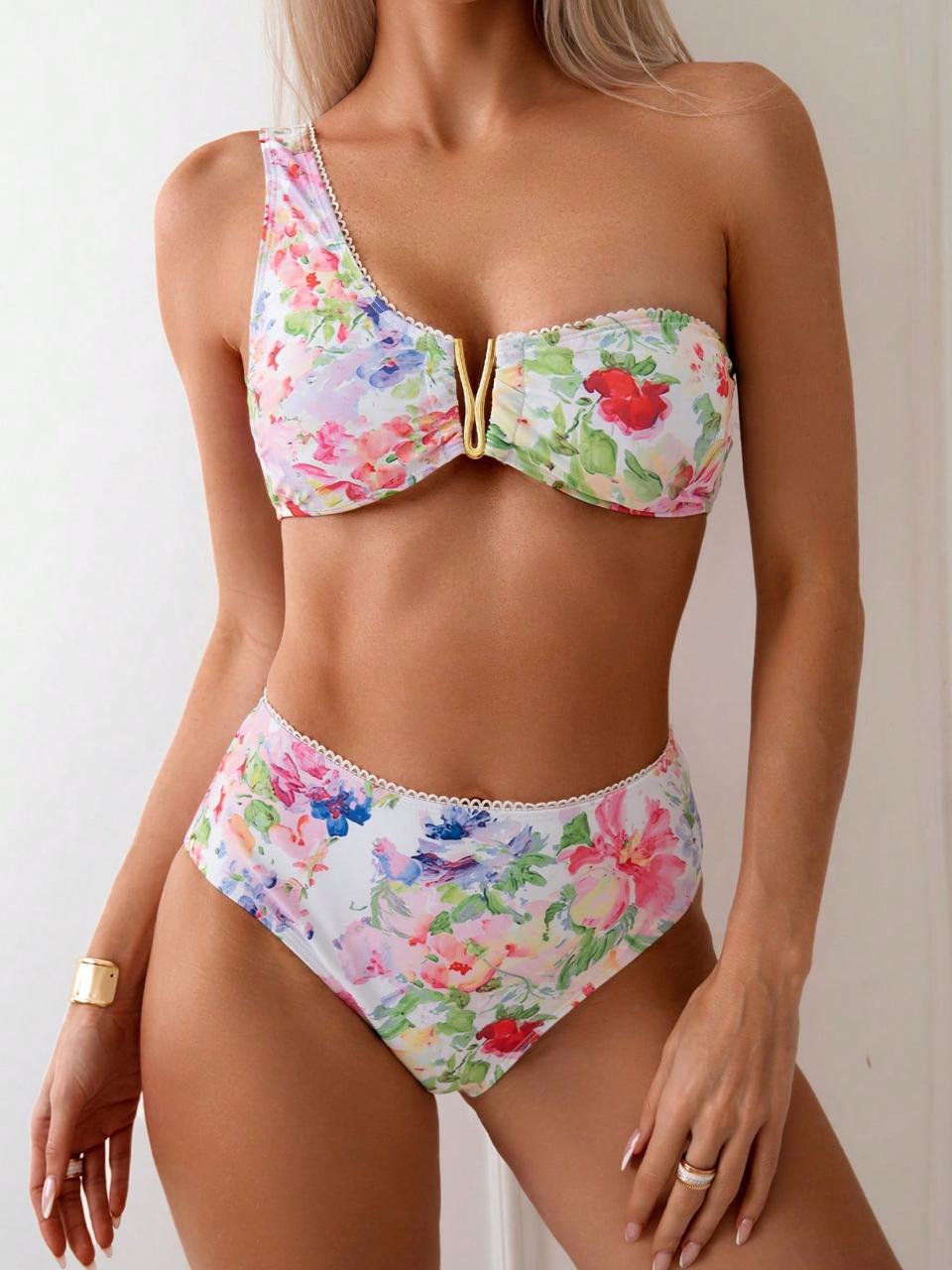 Bikini de colores floral de un hombro