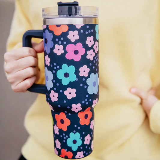 Tumbler azul con flores